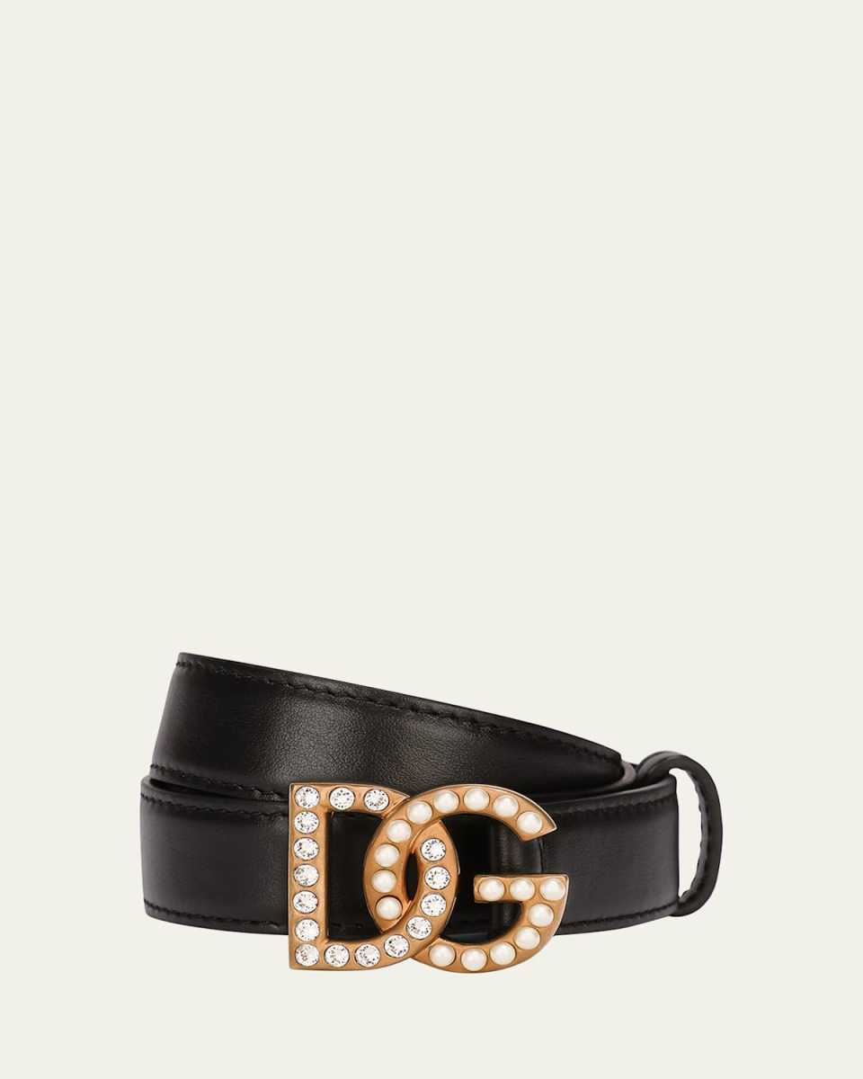 Embellished Pearly Interlocking DG Leather Belt